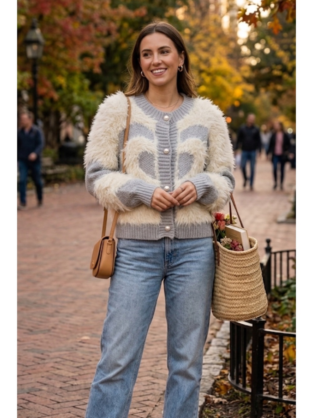 Gray and Cream Fuzzy Cardigan with Pearl Buttons